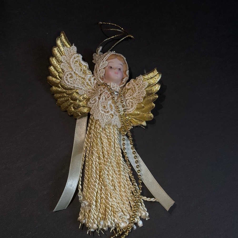 Elegant Gold Angel Ornament Vintage, made with lace and‎ fabric.